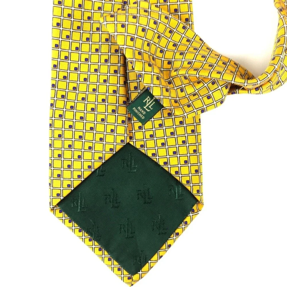 Ralph Lauren Yellow White Blue Squares Elegant 100% Silk Men's Tie Necktie 57
